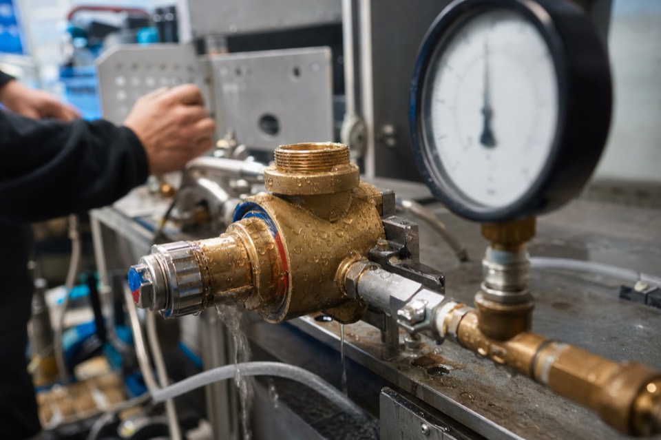 Brass component on a pressure and leakage test bench
