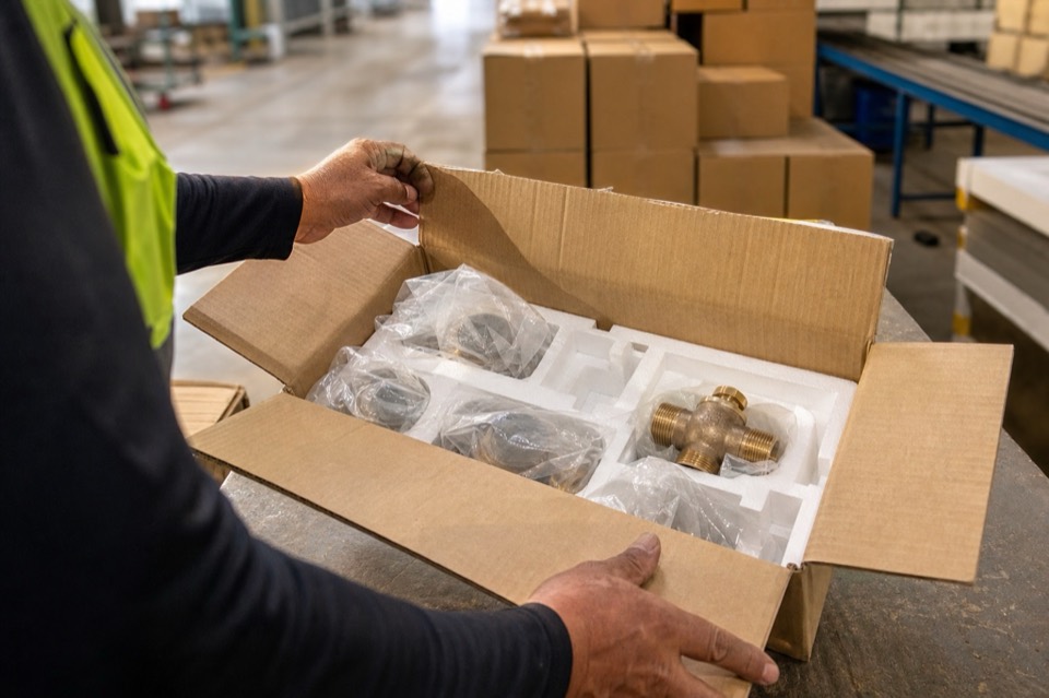 Inspector reviewing sanitary hardware packaging