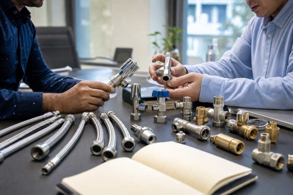 Buyer and sourcing specialist comparing sanitary hardware samples